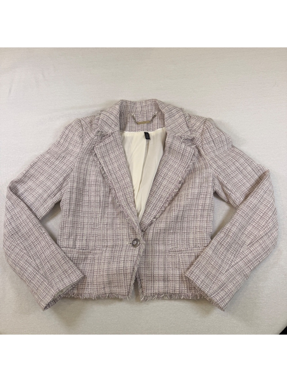 White House Black Market Cropped Tweed Fringe Blazer Jacket Pink Size 4